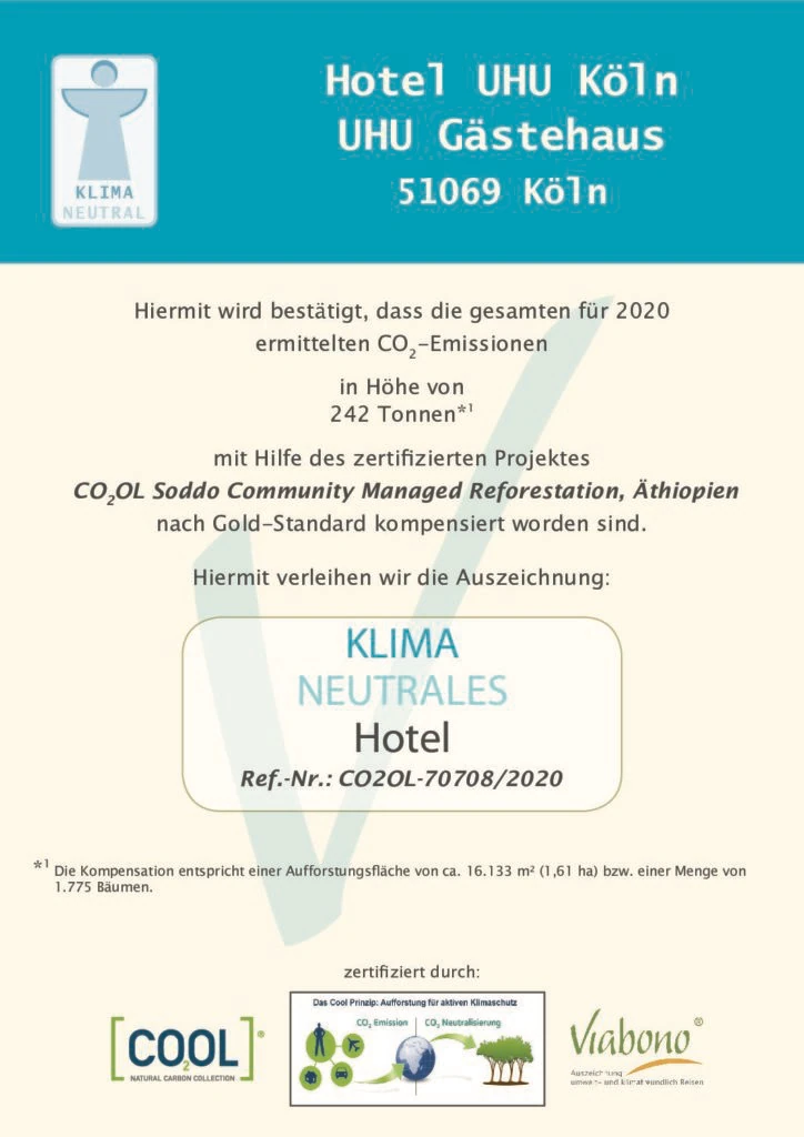 Klimaneutrales Hotel UHU Köln 2020